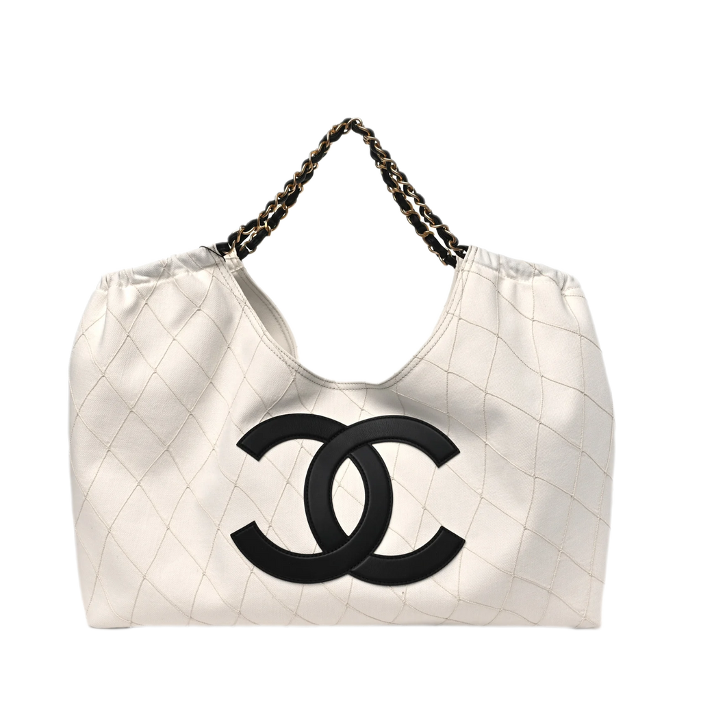 Denim Calfskin Quilted Coco Beach Small Shopping Tote White Black