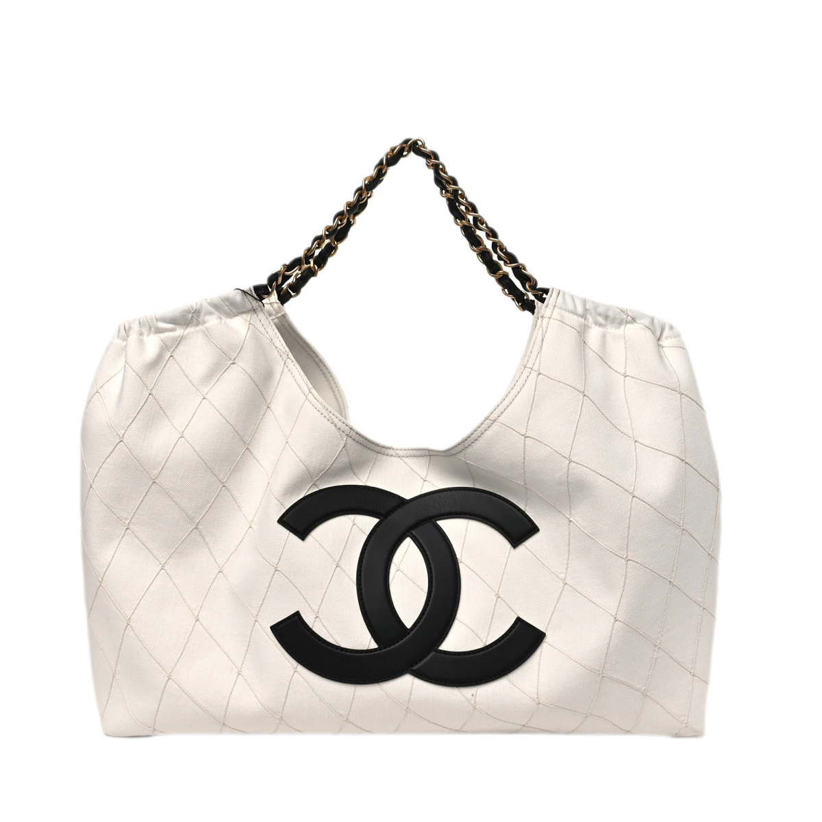 Denim Calfskin Quilted Coco Beach Small Shopping Tote White Black