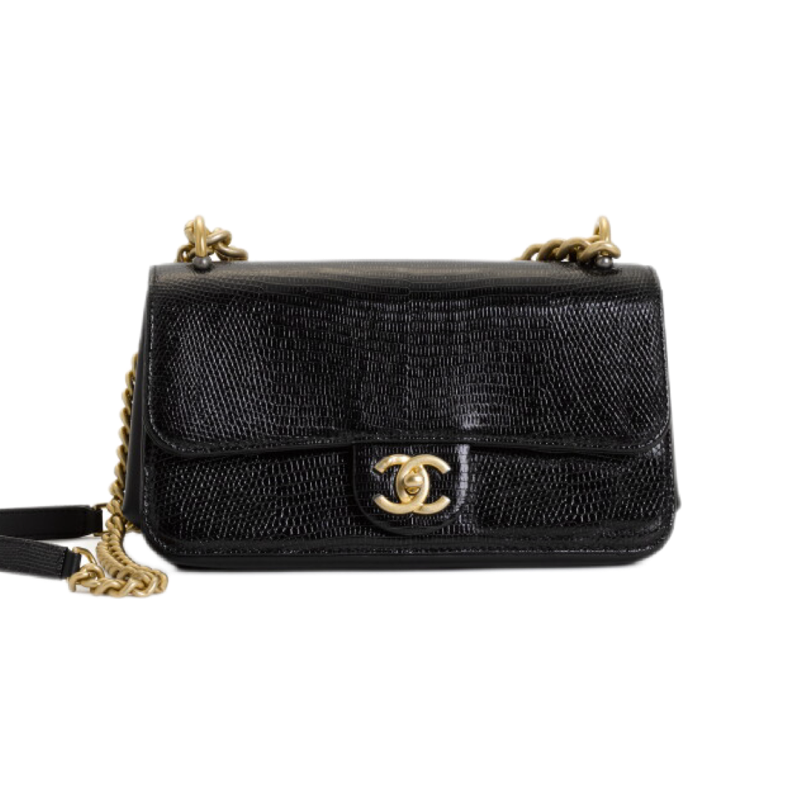 Black Lizard Flap Bag Gold Hardware, 2018-2019