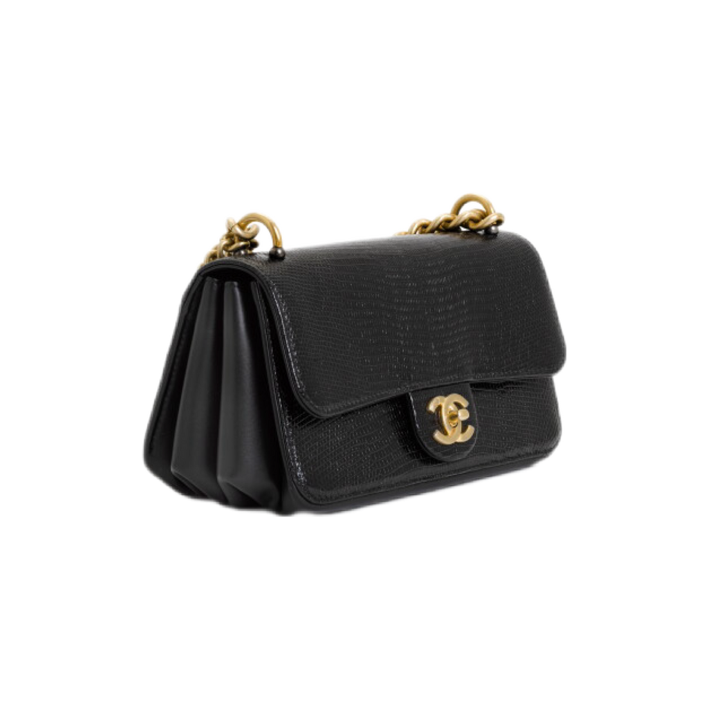 Black Lizard Flap Bag Gold Hardware, 2018-2019
